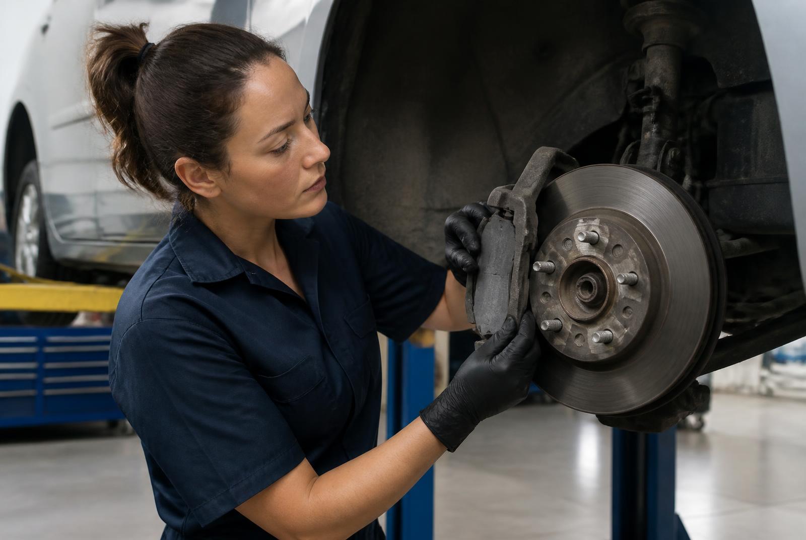 Female technician measuring brake pad, rotor and caliper wear during a brake inspection