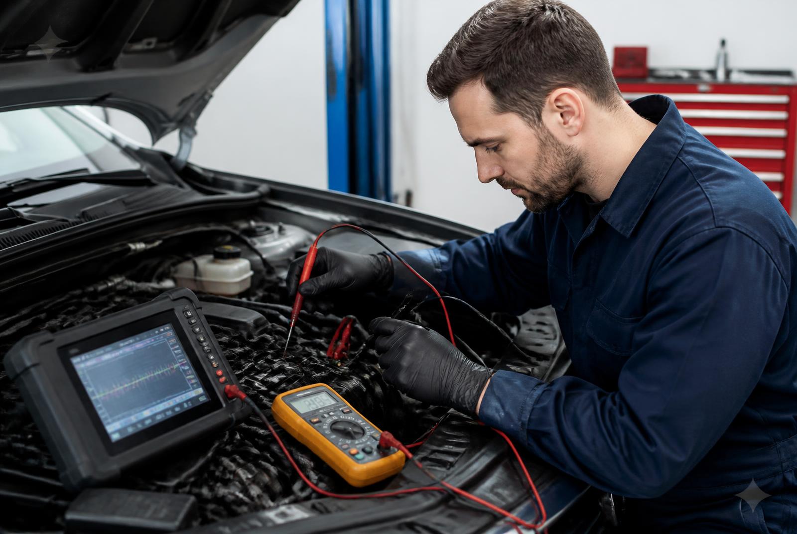 Technician testing a vehicle circuit with a multimeter and professional diagnostic scan tool