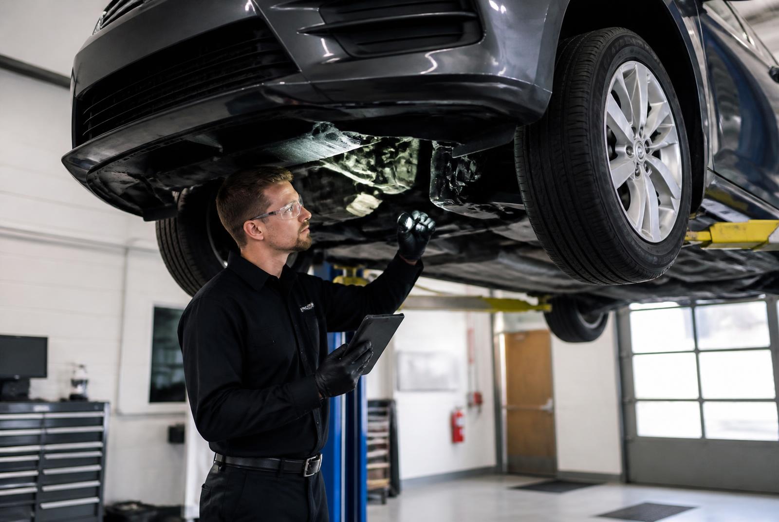 Technician completing an Ontario safety inspection checklist under a raised vehicle