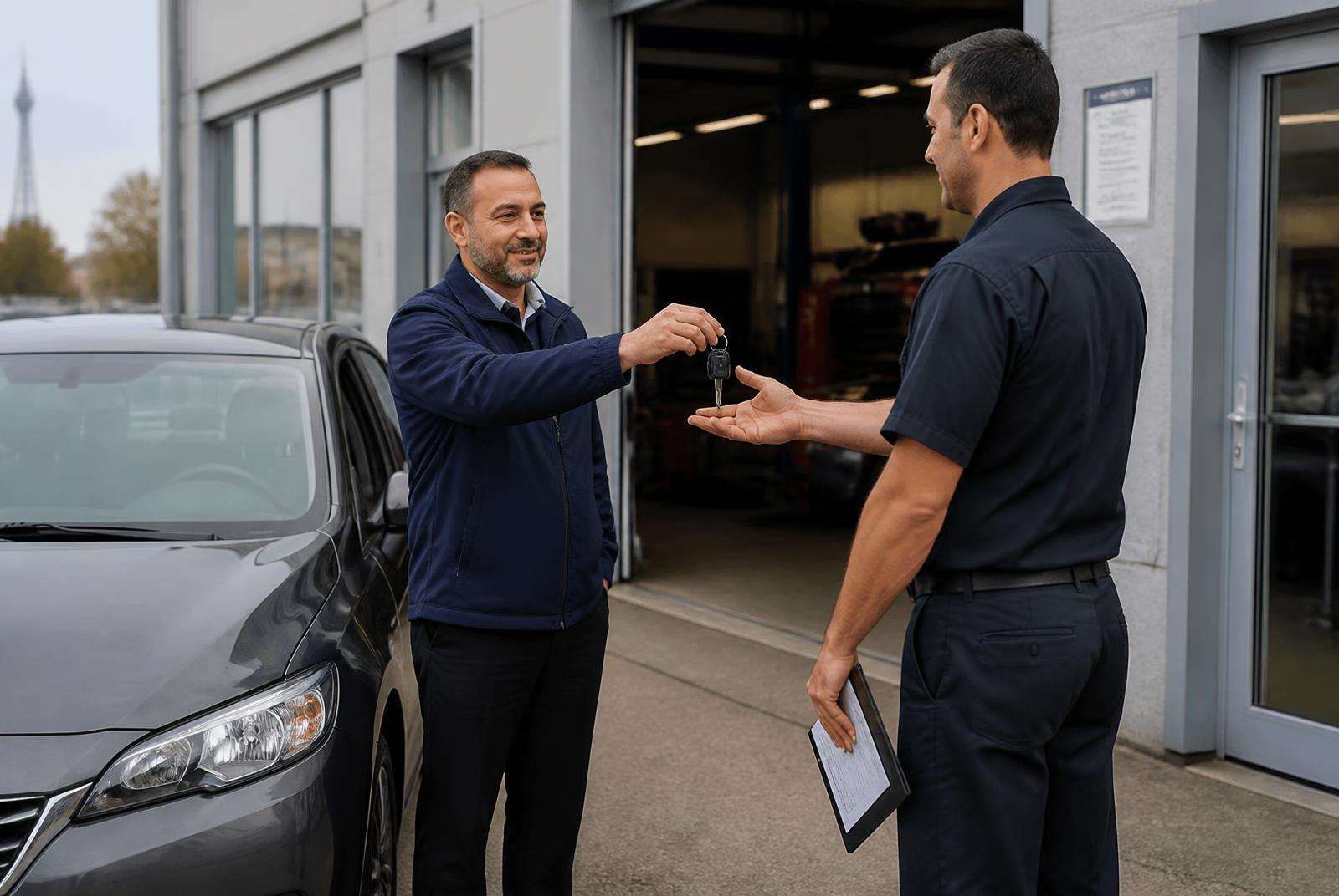 Rideshare driver handing keys to a service advisor before a safety inspection in Scarborough