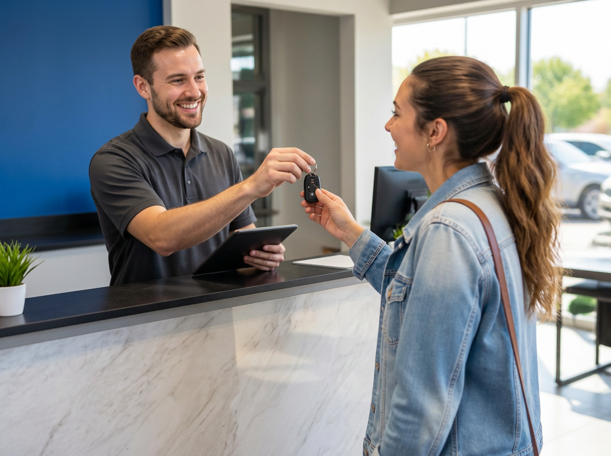 Service advisor smiling and handing car keys back to a happy customer at the CANPAK AUTO front counter