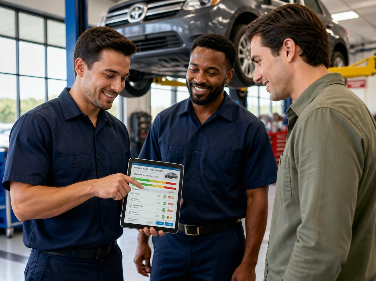 Two technicians smiling while explaining a vehicle inspection report on a tablet to a customer